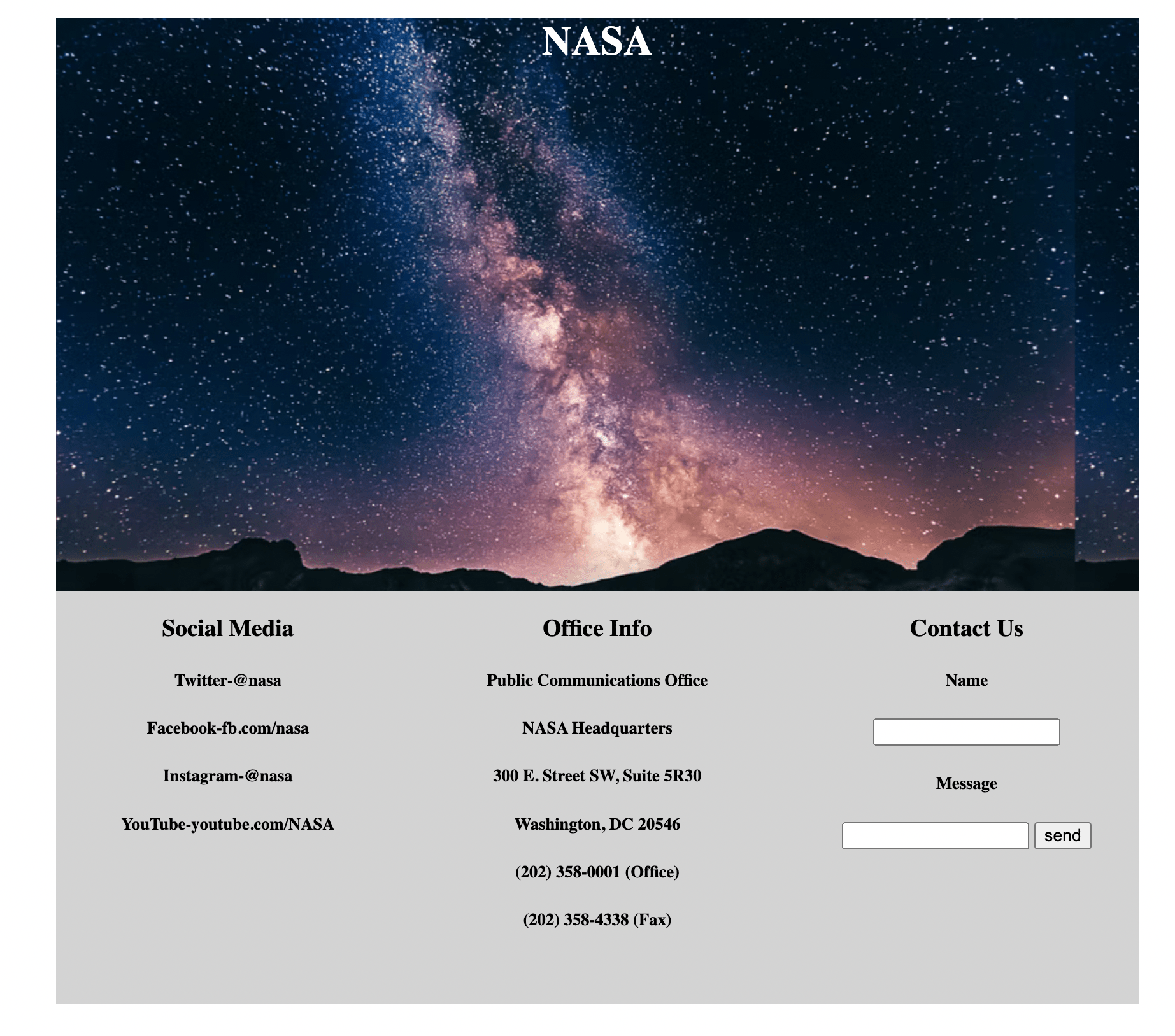 Screenshot of a Nasa contact page