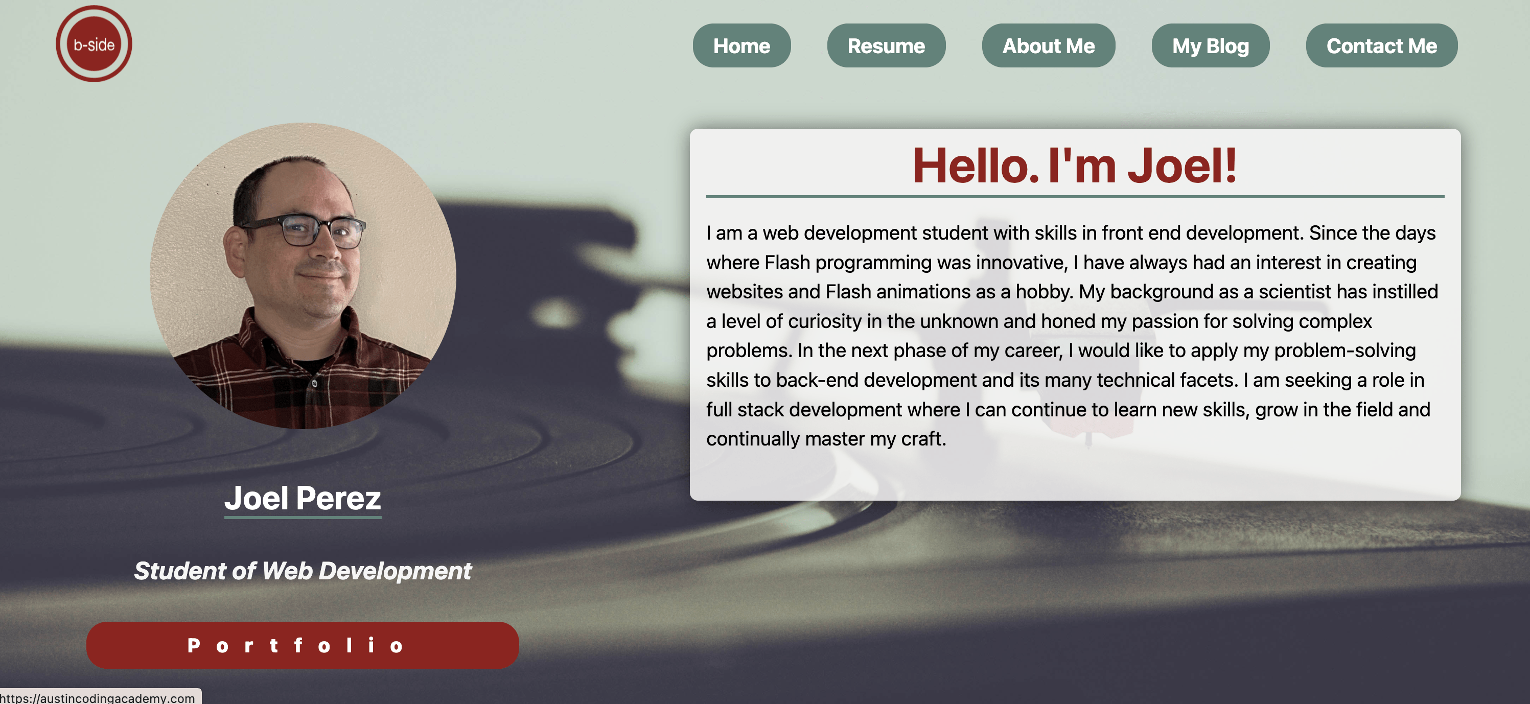 Screenshot of a portfolio with image of man wearing glasses with a record player background