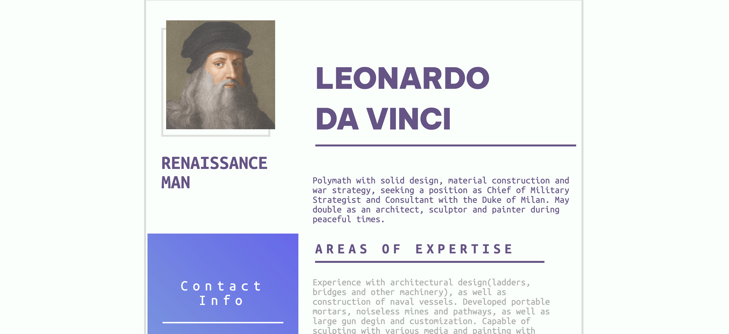 Screenshot of a resume template for Leonardo Da Vinci